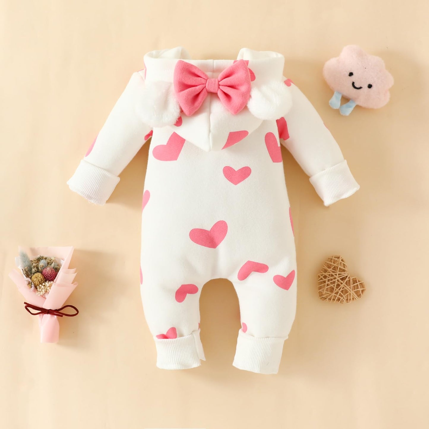 Newborn Baby Girl Hooded Jumpsuit Heart Cow Zip Up Long Sleeve Infant One Piece Romper Snowsuit Valentines Day Outfit (Heart Pin