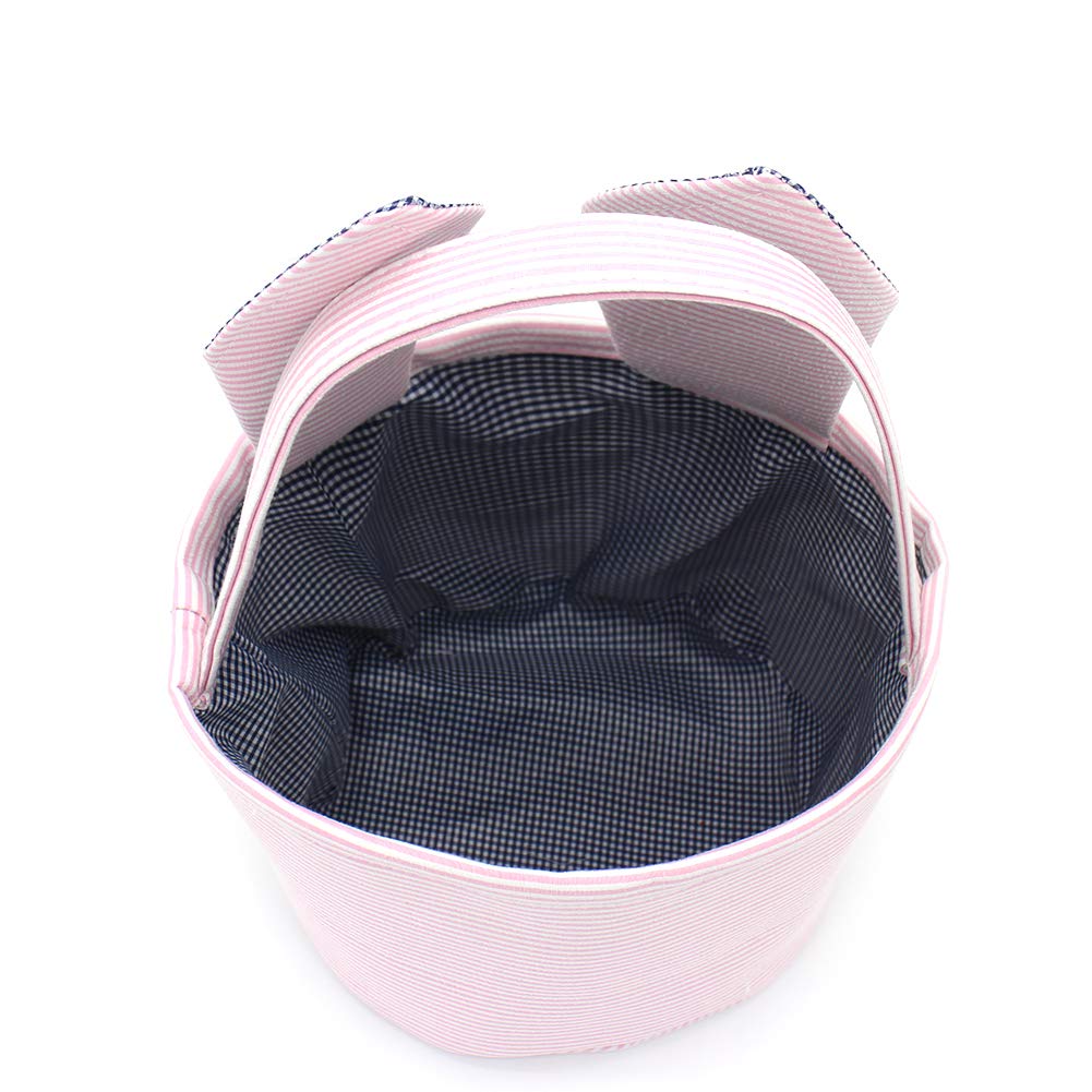 Easter Baskets Seersucker Easter Bunny Bag Bucket For Easter Egg Hunt Bunny Ears Design (Pink)