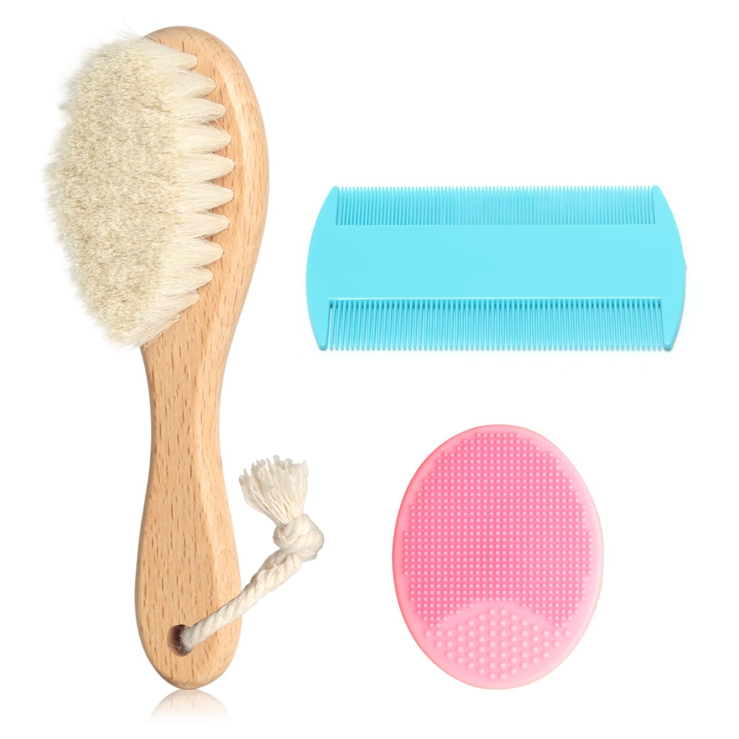 Goat Baby Hair Brush Set, Safe Natural Hair Care Kit with Wooden Soft Bristles Hairbrush Comb Pink Silicone Bath Brush for Newbo