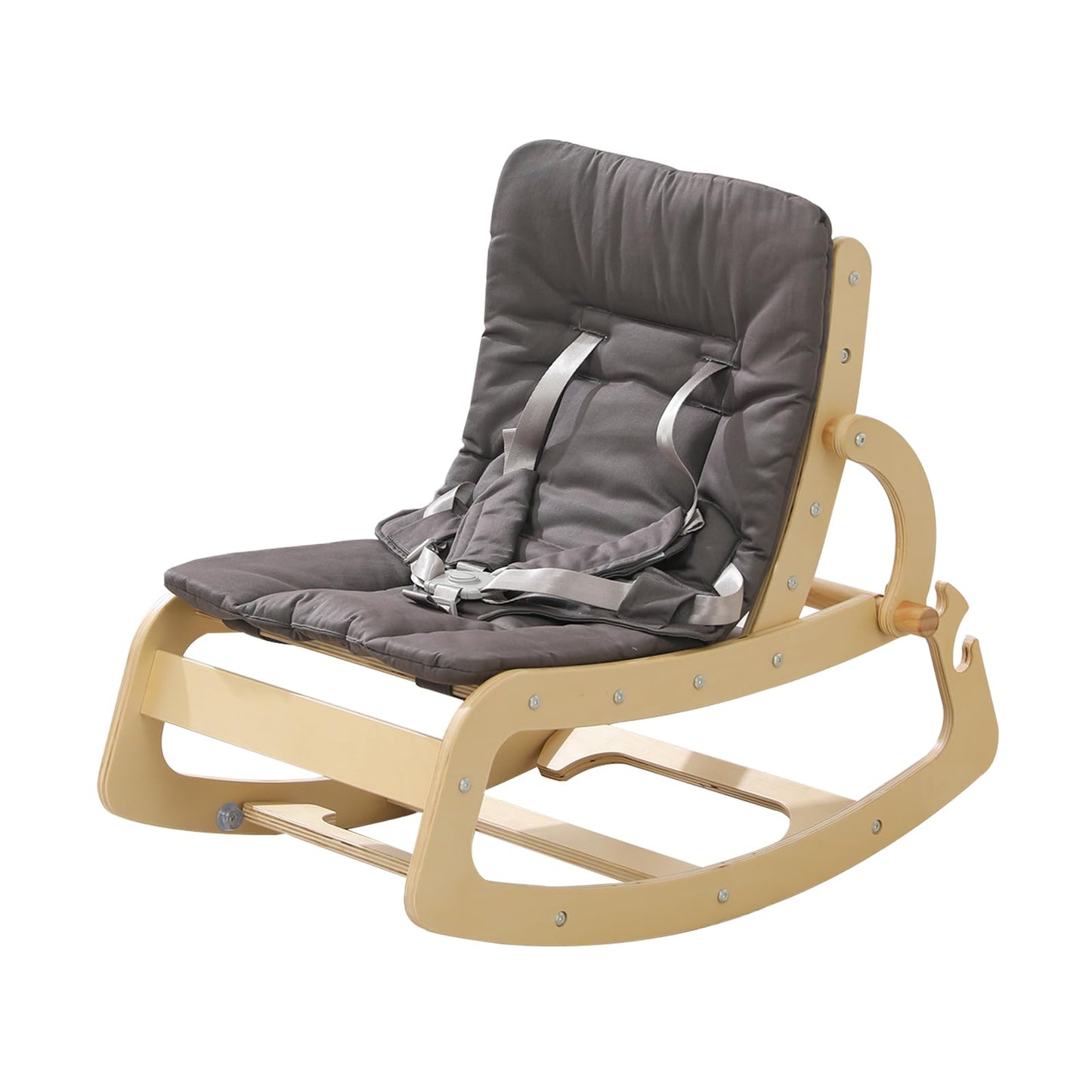 3-In-1 Baby Bouncer Adjustable Wooden Rocker Chair, Ergonomic Design Baby Lounger With Removable Cushion,Seat Belt And Booster,