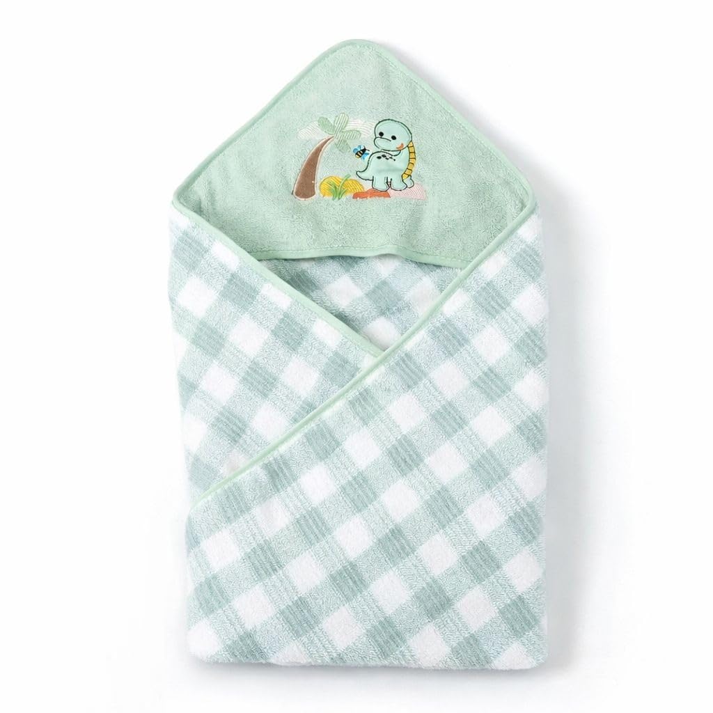 Hi mom Baby Hooded Towel, Peach Gingham, Teddy Bear Rainbow Embroidery, Soft Wrap for Infants (Green)