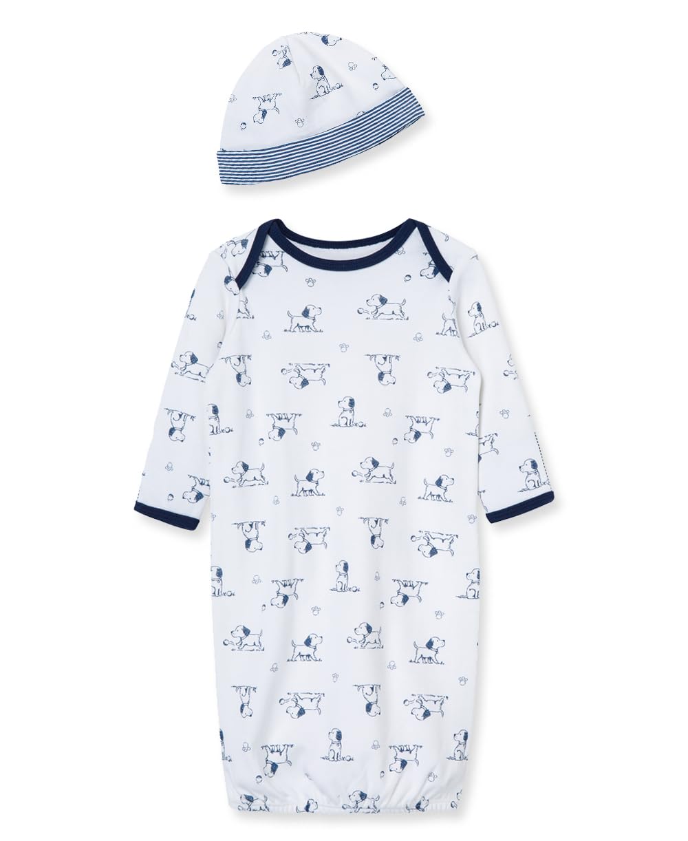 Little Me Clothes for Baby Boys 2-Piece Nightgown and Cap Set Scratch Free Tag Elastic Bottom, Puppy Toile, 0-3 Months