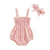 FOMOYUU Newborn Baby Girl Romper Summer Sleeveless Smocked Cotton Linen Clothes Outfit with Headband (Pink Plaid, 0-3 Months)