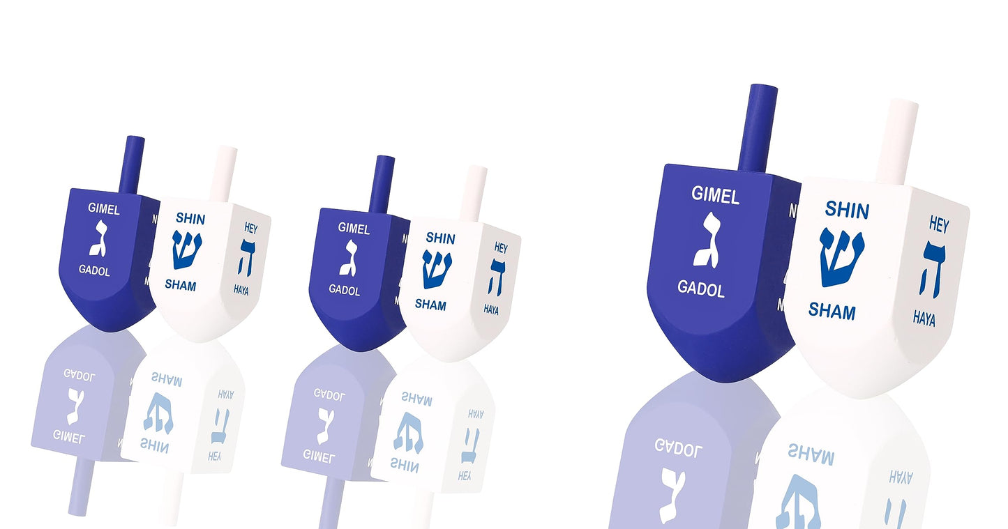Zion Judaica Hanukkah Dreidels Blue & White Natural Wood With English Translation & Transliteration (10 Pack)