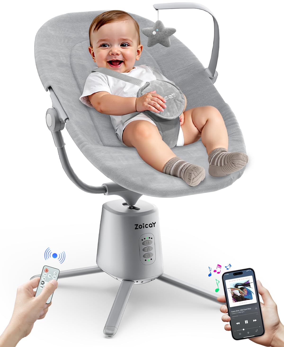 Zoicay Electric Baby Swing with 3 Modes & 5 Speeds, 12 Lullabies and 3 Timer Settings Portable Infant Swing, 2 Seat Positions &