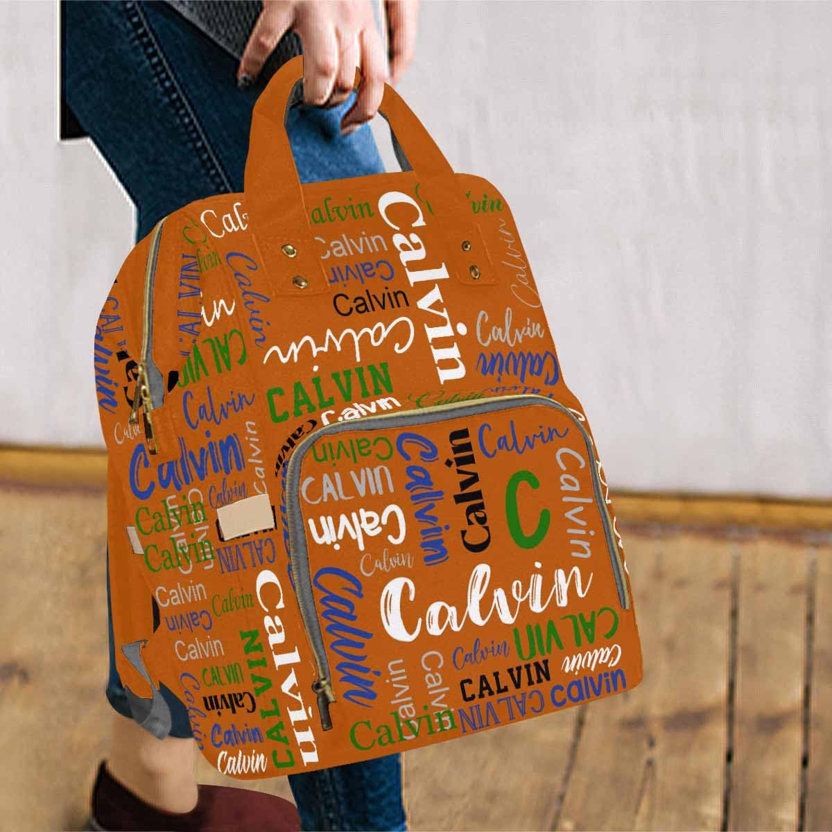 Customize Backpack, Personalized Name Text Orange Diapering Bag Backpack Nappy Baby Bags Casual Daypack Travel Shoulder Bag For