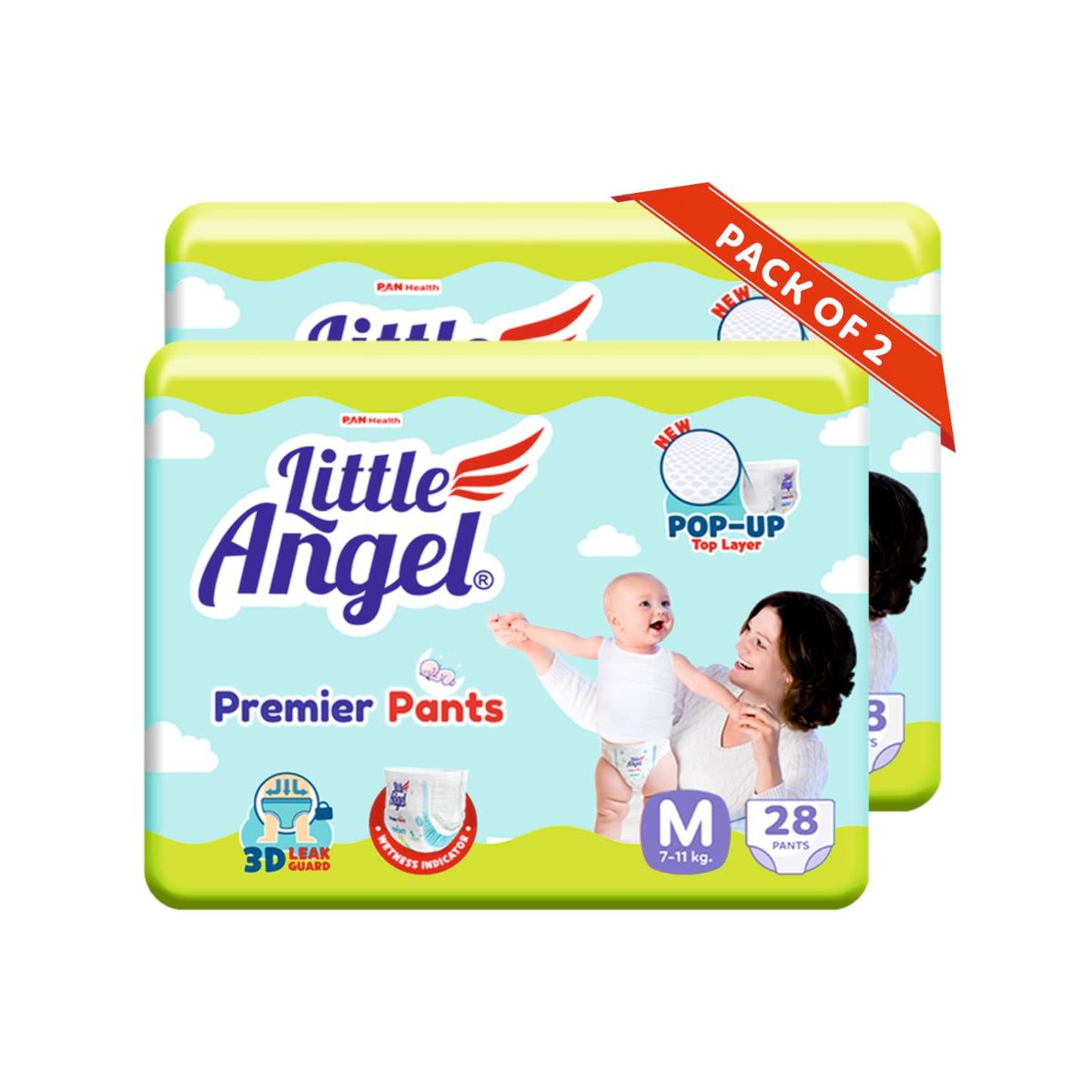 Little Angel Premier Pants Baby Diapers, Medium (M) Size, 56 Count, Cottony Soft Material, Breathable, Extra Dry Core, Stretchab