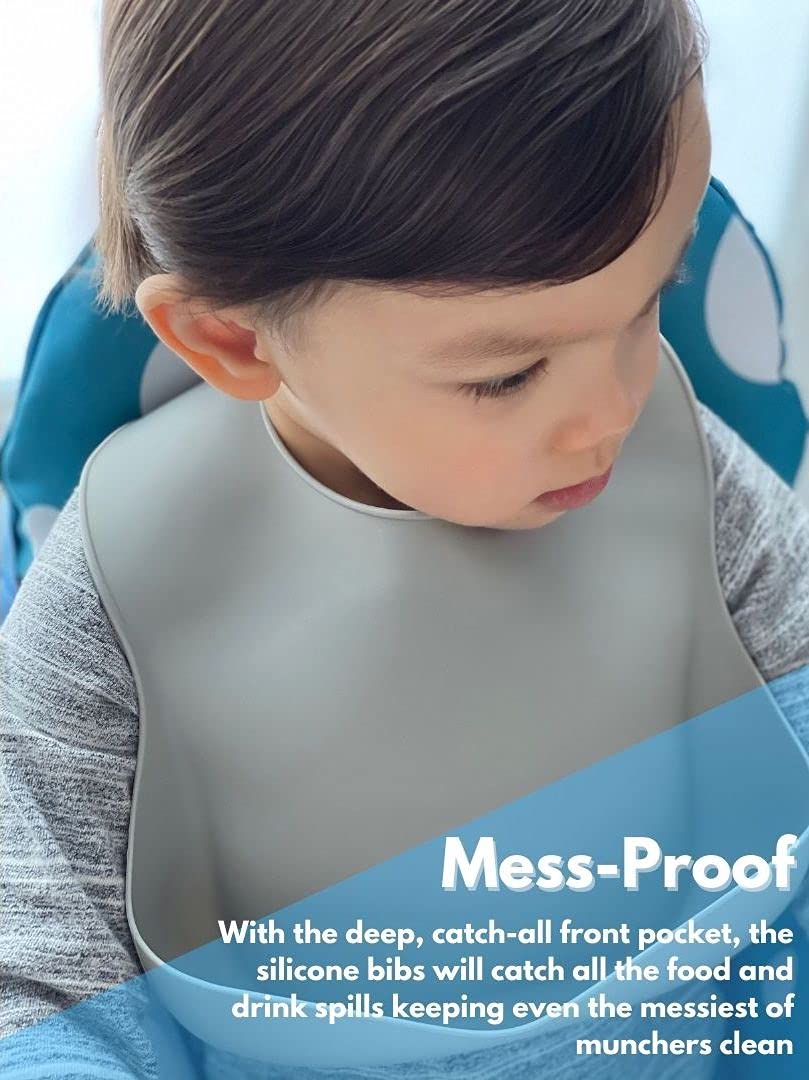 The Happy Stork Baby Silicone Bibs With Food Catcher, Adjustable Baby Bibs Set For Baby Girls Boys Infant And Toddlers From 6-36