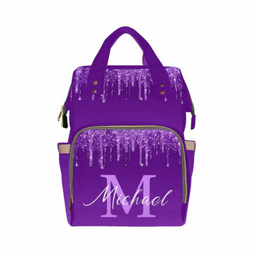 Artsadd Custom Diaper Bag For Mom, Customized Purple Glitter Print Tote Bag For Women Personalized Mommy Nursing Bags Nappy Casu