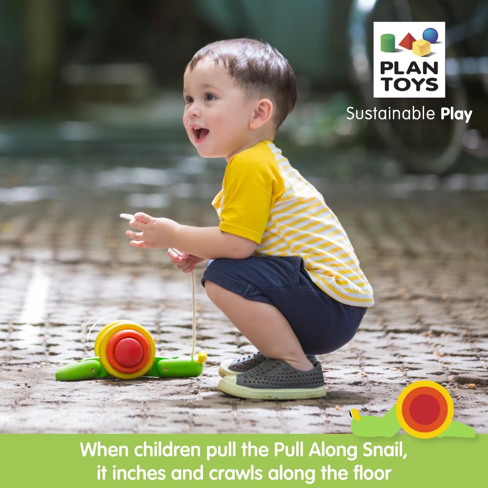 PlanToys Wooden Pull Along Snail Pull Toy (5108) | Sustainably Made from Rubberwood and Non-Toxic Paints and Dyes