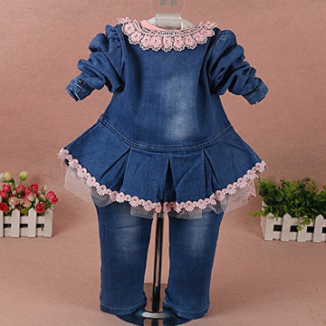 Yao 6M-4Y Infant 3Pcs Baby Girls Clothes Set Toddler Outfits Lace Dress Jacket And Jeans (4-5Y,Flower-Pink)