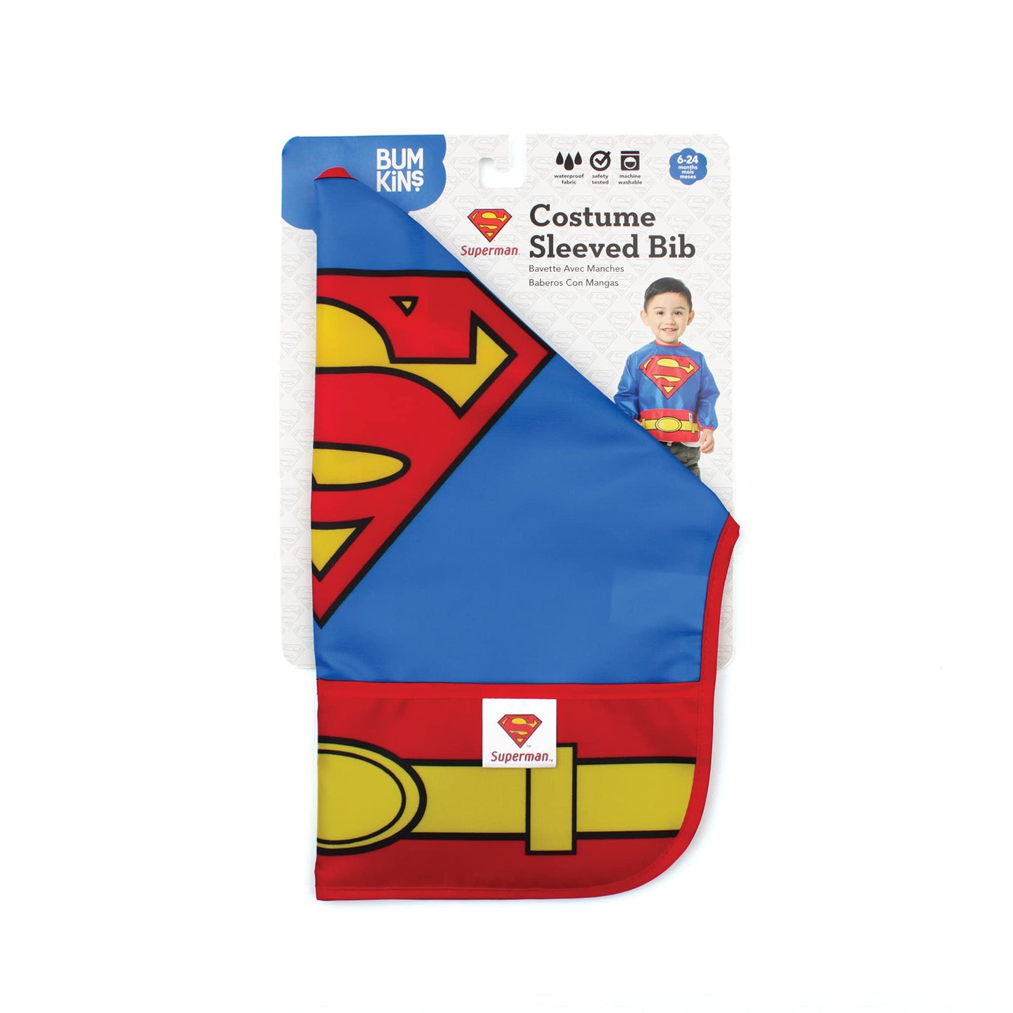 Bumkins Sleeved Baby Toddler Bib, Smock, Waterproof Fabric, Fits Ages 6-24 Months, Dc Comics Superman