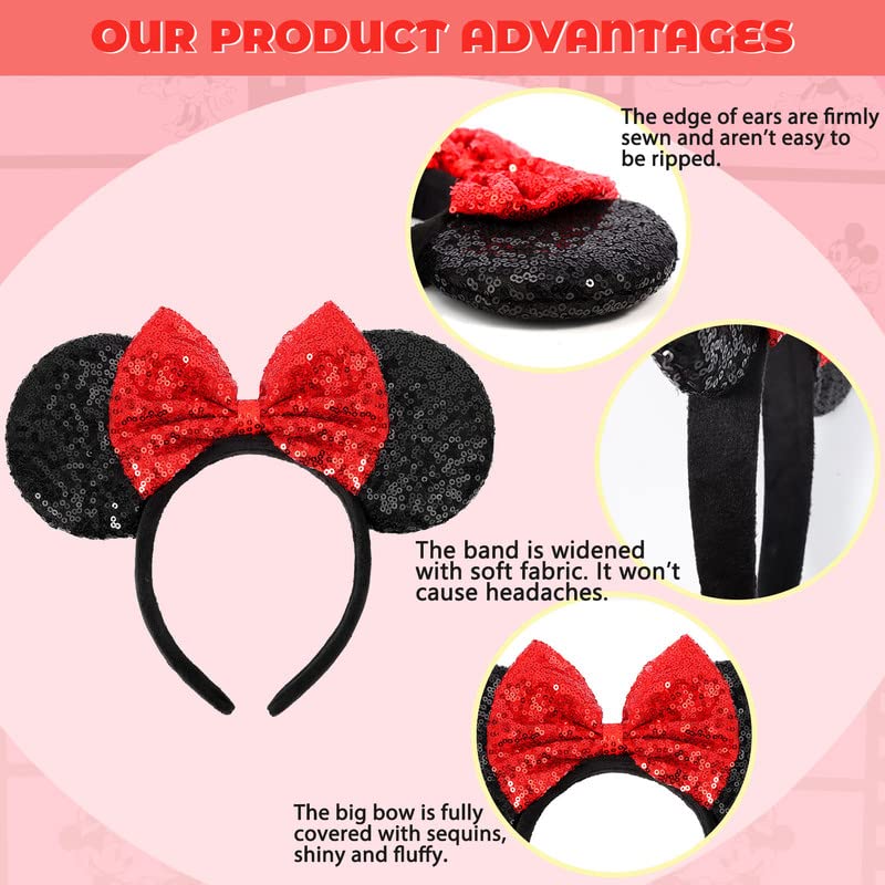 Etluk Mouse Ears Headband, Mouse Ears Sequin Bow Headbands For Women Girls, Cosplay Accessories Party Decorations (Red Bow)