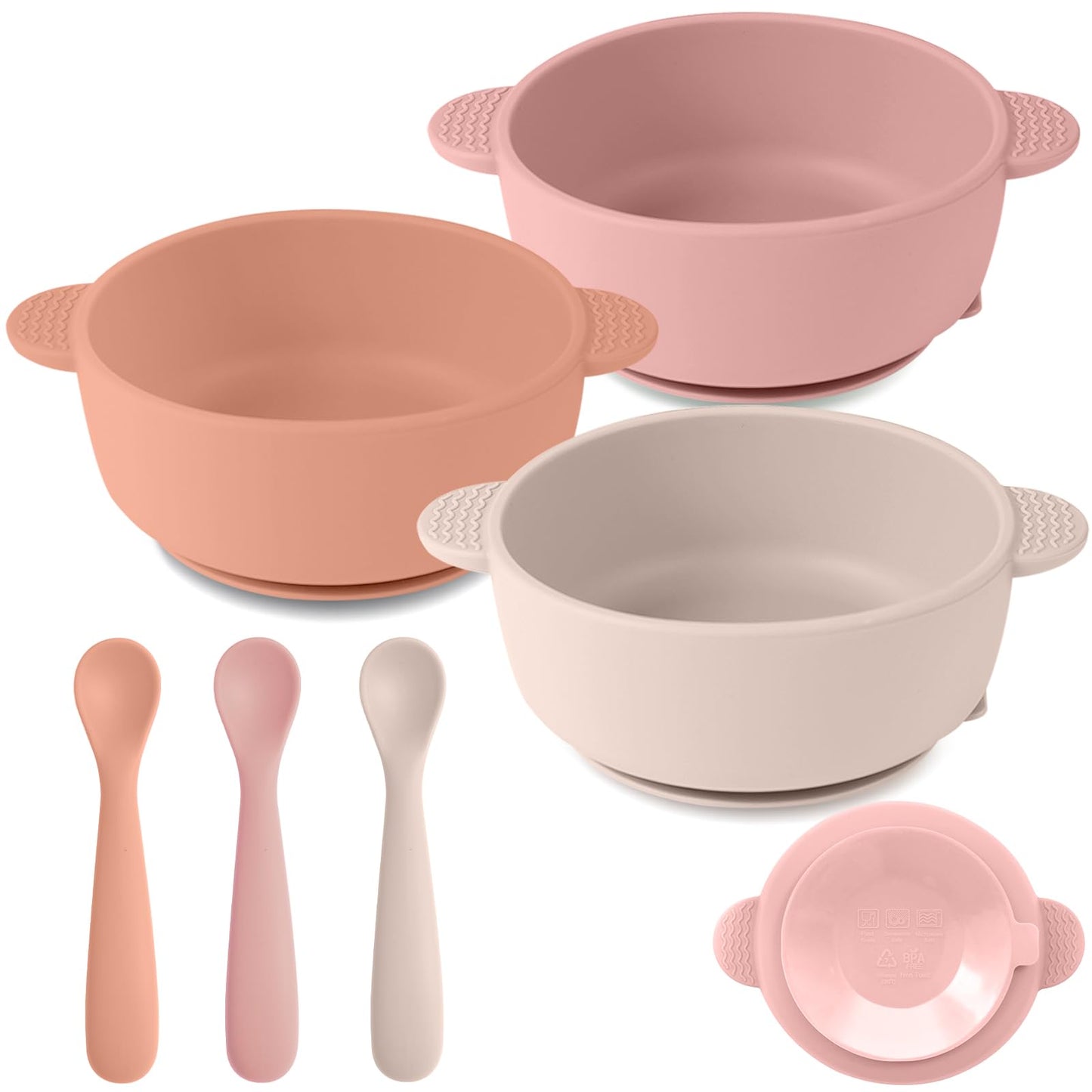 Eascrozn 3 Pack Baby Bowls with Suction and 3 Pack Baby Spoons, BPA Free, Silicone Baby Feeding Set for Babies Toddler Kids, Mic