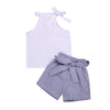 Toddler Baby Girl Sleeveless White Tank Top Shirts+Gray Stripe Shorts Pant With Bow Belt+Headband Summer Clothes Set 1-6T (White
