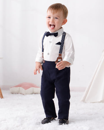 Disaur Matching Family Outfits Long Sleeve White Leaf Dress Shirt Bow Tie Suspender Black Pants Boys Church Outfit 4T 5T 4-5T