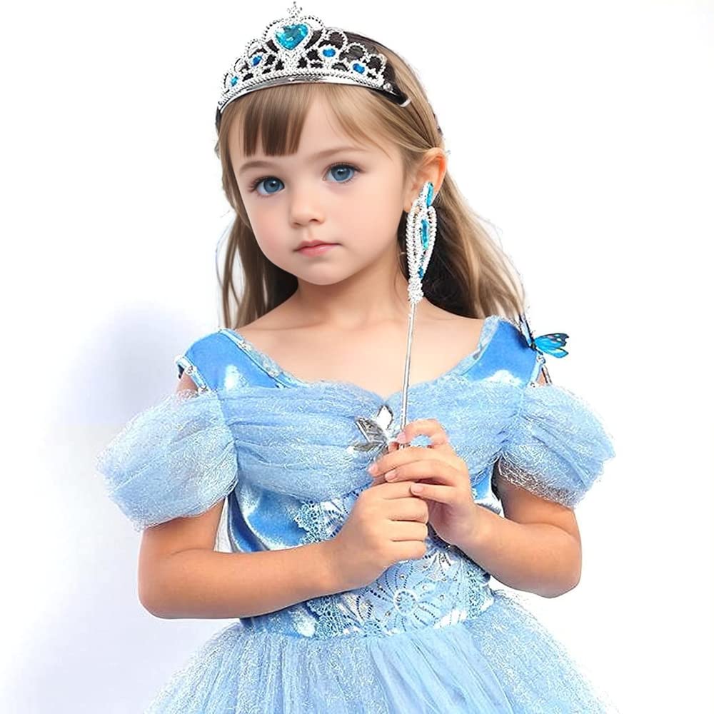 Kuzhi Frozen Crown Tiara And Wand Set - Silver Heart Jewel (Blue)