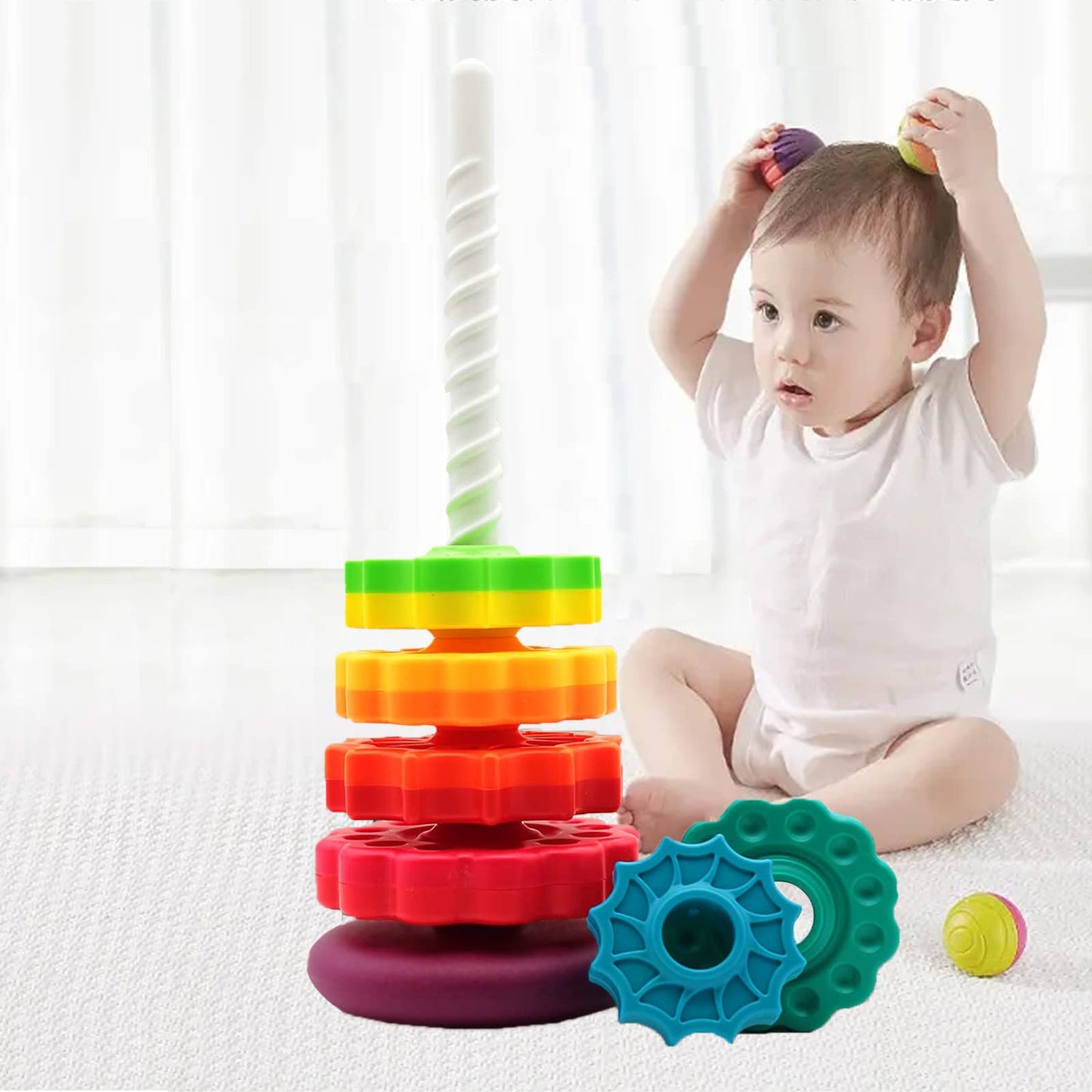 LUCKFUTURE Educational Spinning Stacking Toys, Rainbow Stacking Rings Baby Toy, Toddlers Toys Montessori Sensory Learning Toy fo