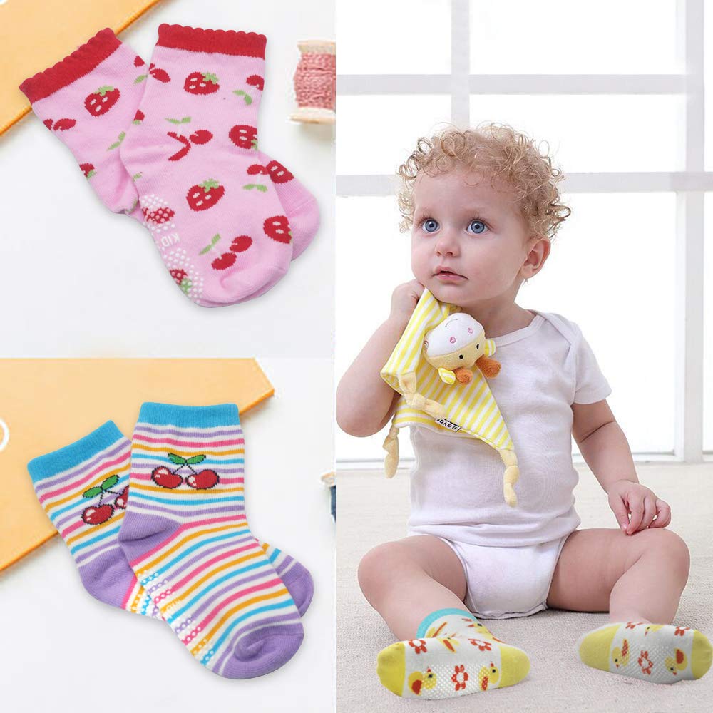 Tphon 12 Pairs Toddler Non Skid Socks With Grips Anti Slip Bottom, Cotton Non Slip Ankle Crew Socks For Boys, Girls, Kids(5-7Yea