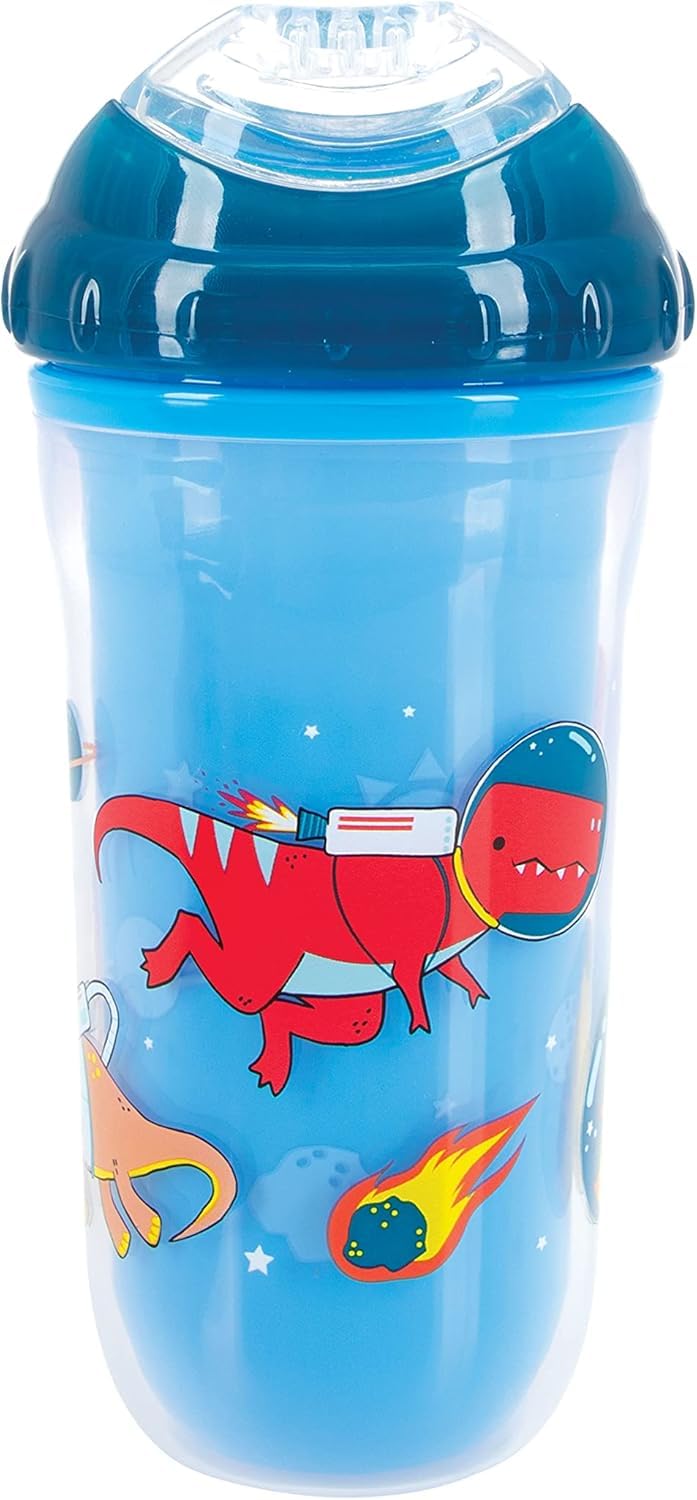 Nuby No Spill Insulated Cool Sipper Transition Cup With Soft Slicone Rim Spout | 9 Oz/ 270 Ml | 2 Pack Printed: Blue Dinosaurs &