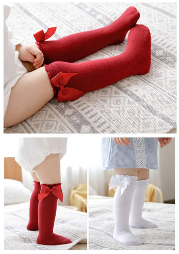 Qandsweet Baby Girl Knee-High Socks Toddlers Bow Stockings Newborn Infant Sock (0-12 Months, Solid Colors)