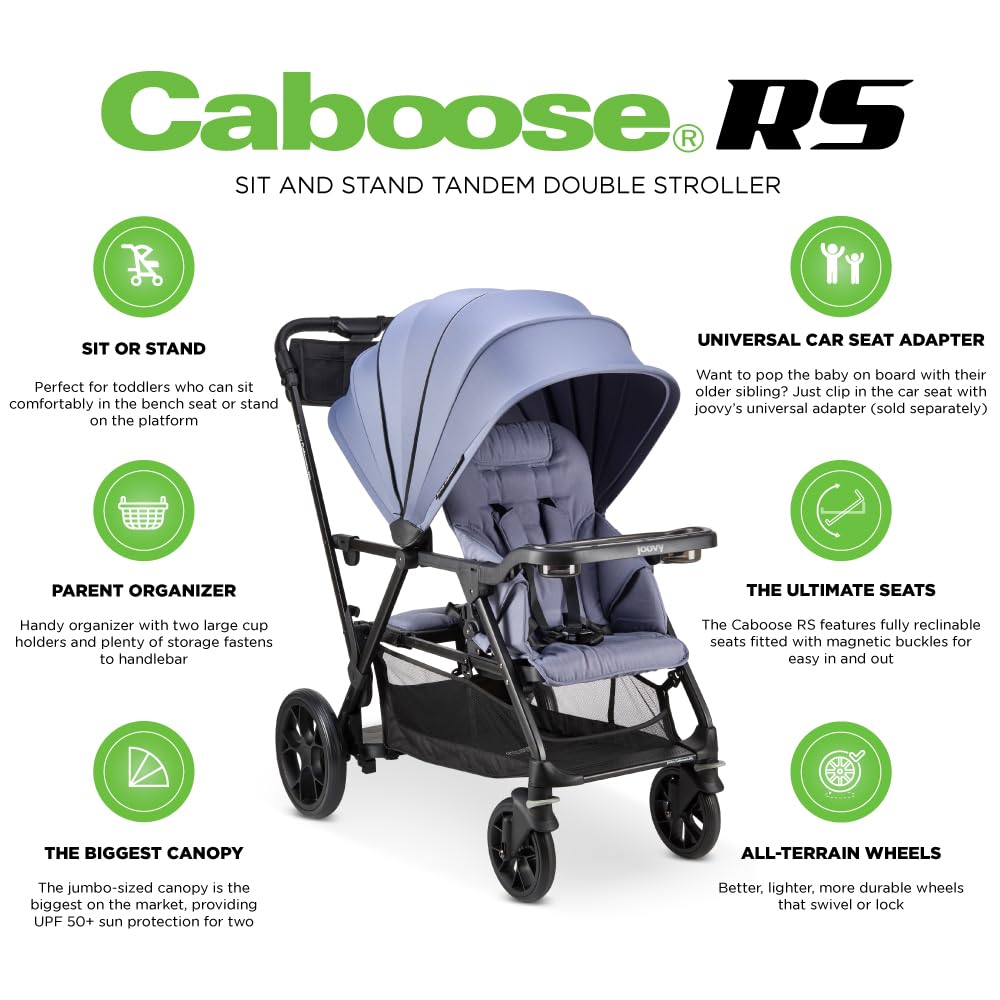Joovy Caboose Rs Sit & Stand Double Stroller For Children Up To 55 Lb. With All-Terrain Wheels, Upf50+ Sun Canopy & Magnetic 5-P