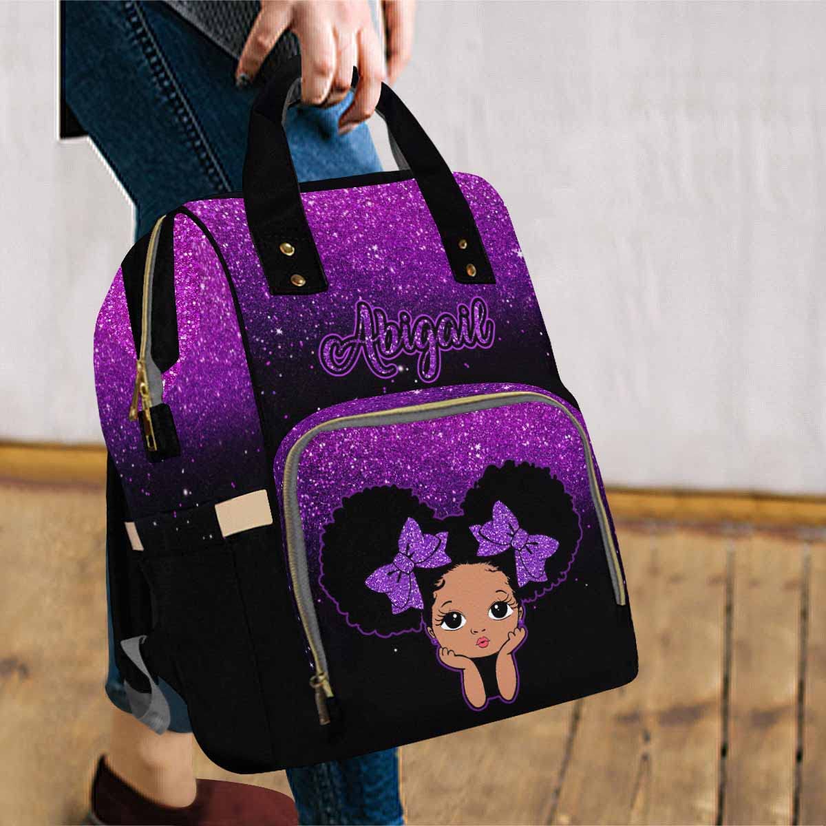 Artsadd Custom Diaper Bag With Thermal Pockets, Purple Glitter Dot Travel Shoulder Bag Customized Laptop Backpack With Name Casu