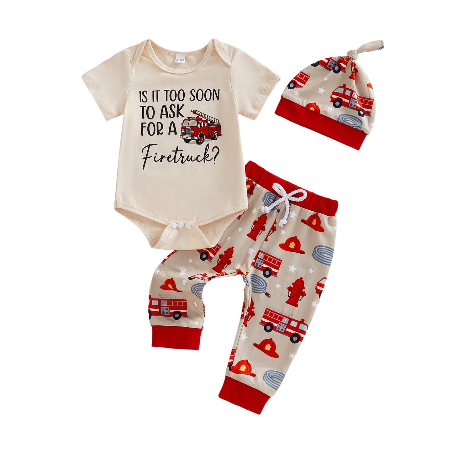 CREAIRY 3Pcs Newborn Baby Boy Clothes Is It Too Soon To Ask For A Fire Truck Short Sleeve Romper Pants Set Firefighter Outfit (K