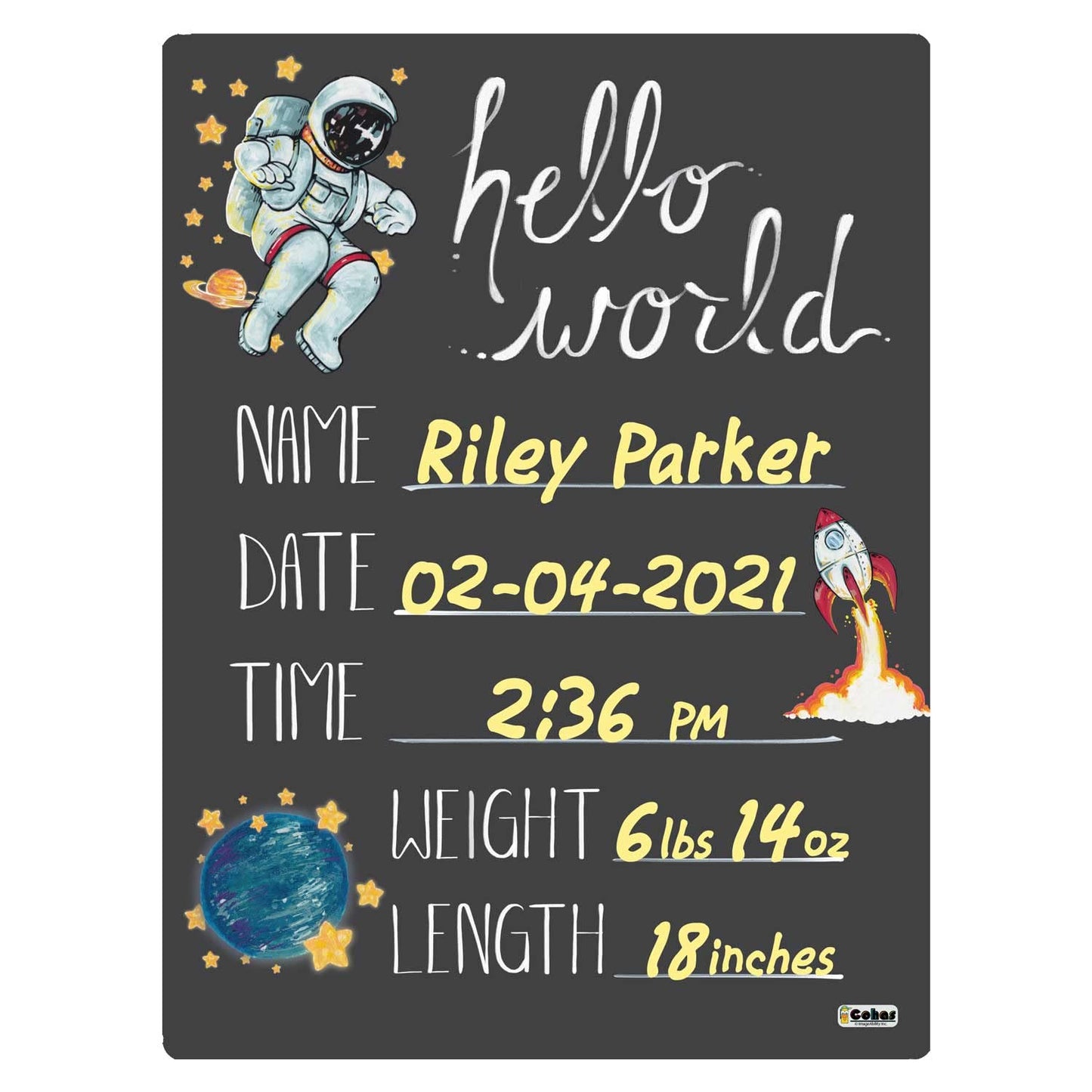 Cohas Hello World Newborn Baby Announcement Chalkboard Sign With Space Theme, 9 By 12 Inches, No Marker