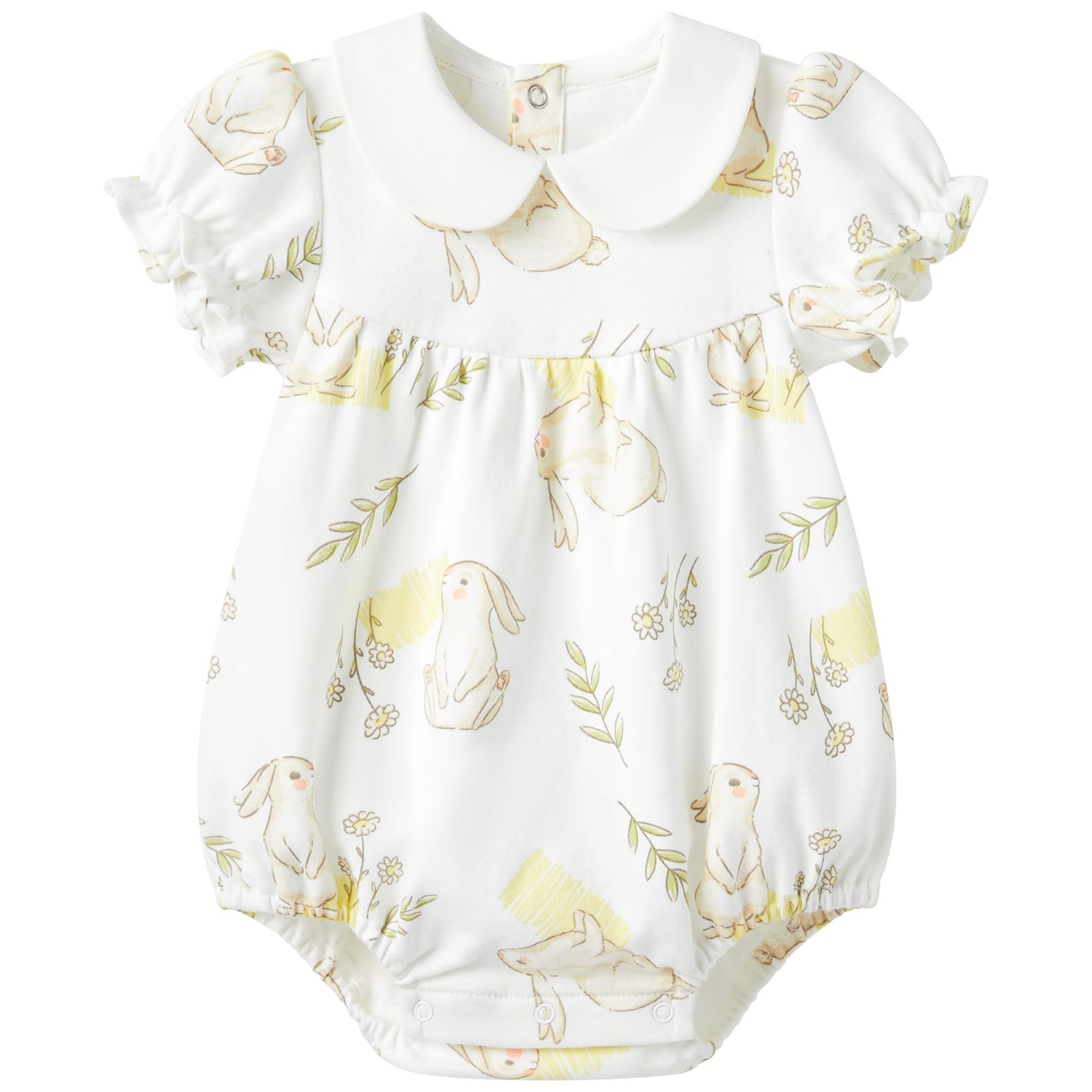 Pureborn Baby Girl Bodysuit Peter Pan Collar Bubble Romper Easter Short Sleeve One-Piece Cotton Outfit Field Rabbit 18-24 Months