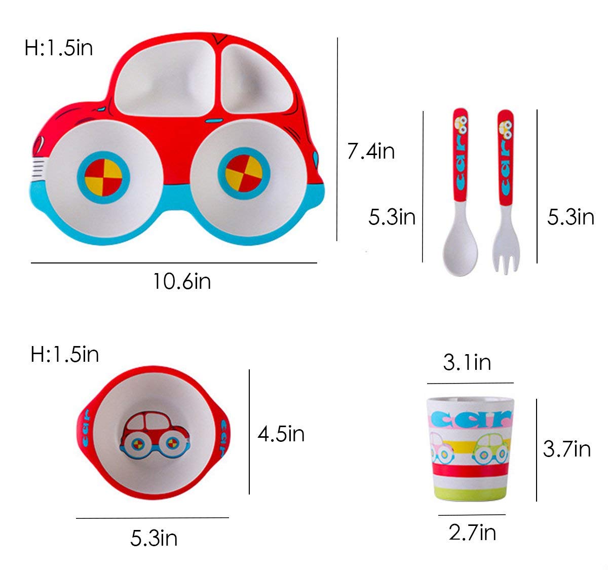 5 Piece Bamboo Dinnerware For Kids, Toddler, Car Plate And Bowl Set, Eco Friendly And Dishwasher Safe, Great Gift For Birthday,