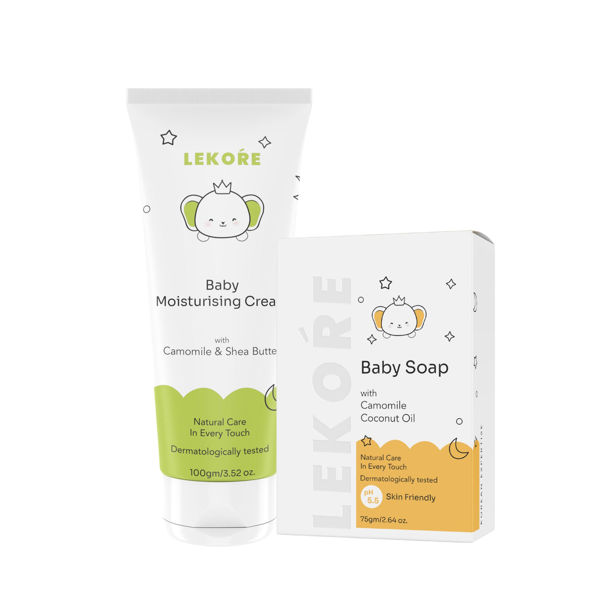 Lekore Baby Soap 75Gm & Moisturising Cream 100Gm | Gentle Skin Care Combo | With Shea Butter, Glycerin, Chamomile, Aloe Vera & O