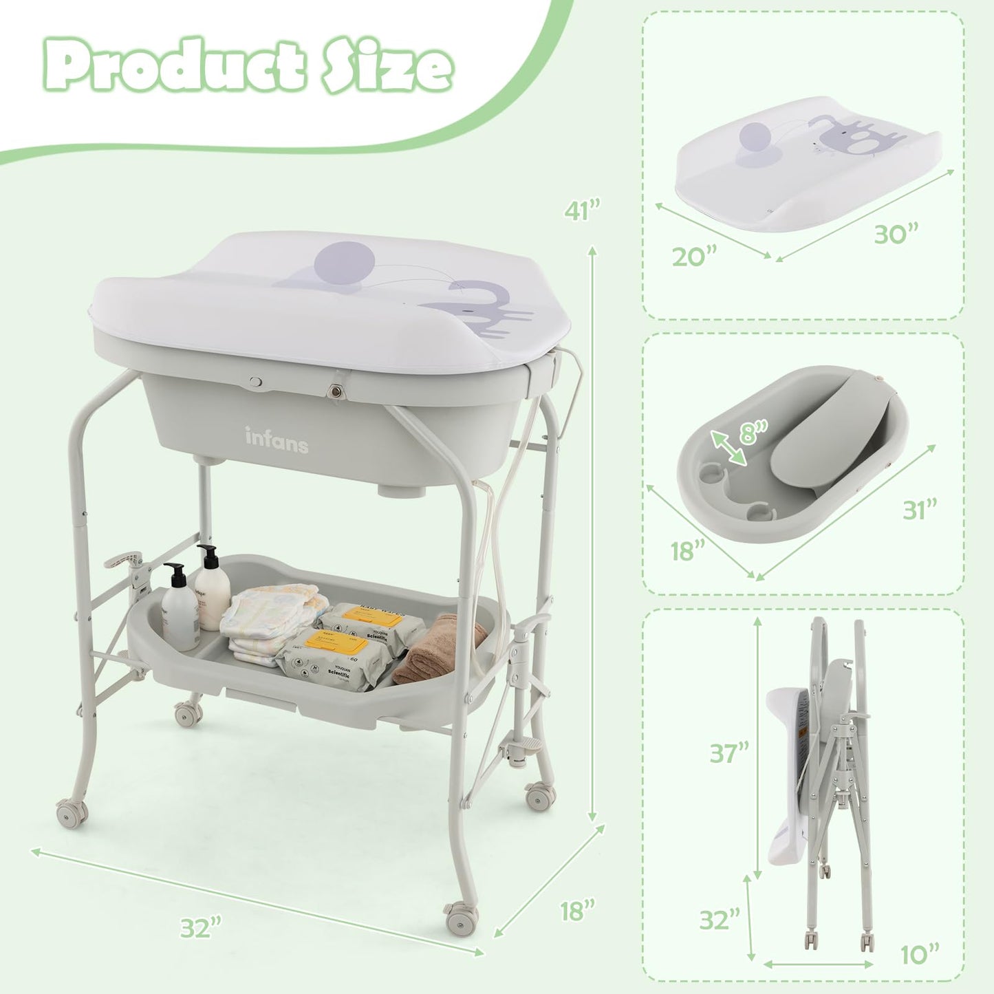 Infans 2 In 1 Baby Changing Table With Bath Tub Unit, Folding Diaper Dresser Station With Wheels Waterproof Pad Storage Rack, Po