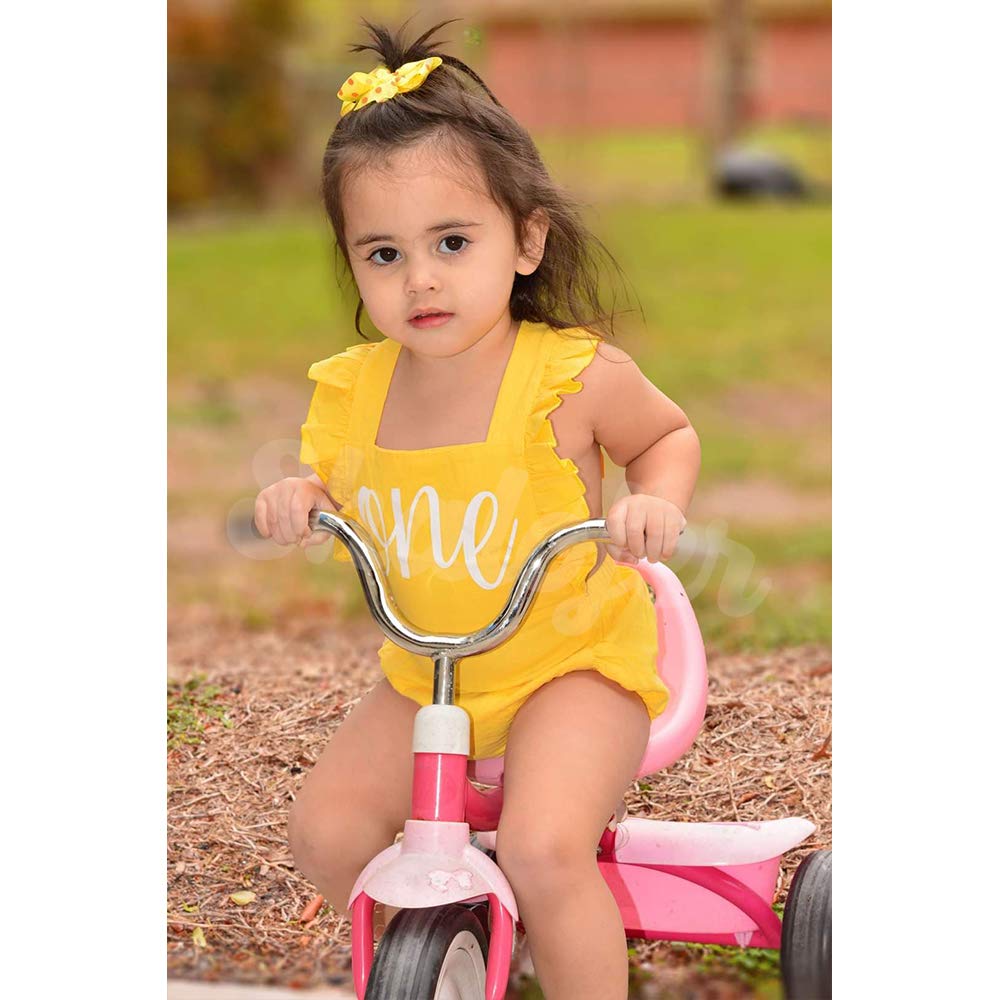 Shalofer Baby Girls One Year Old Outfits First Birthday Romper Cute Backless Ruffles Jumpsuit With Headband (Yellow,12-18 Months