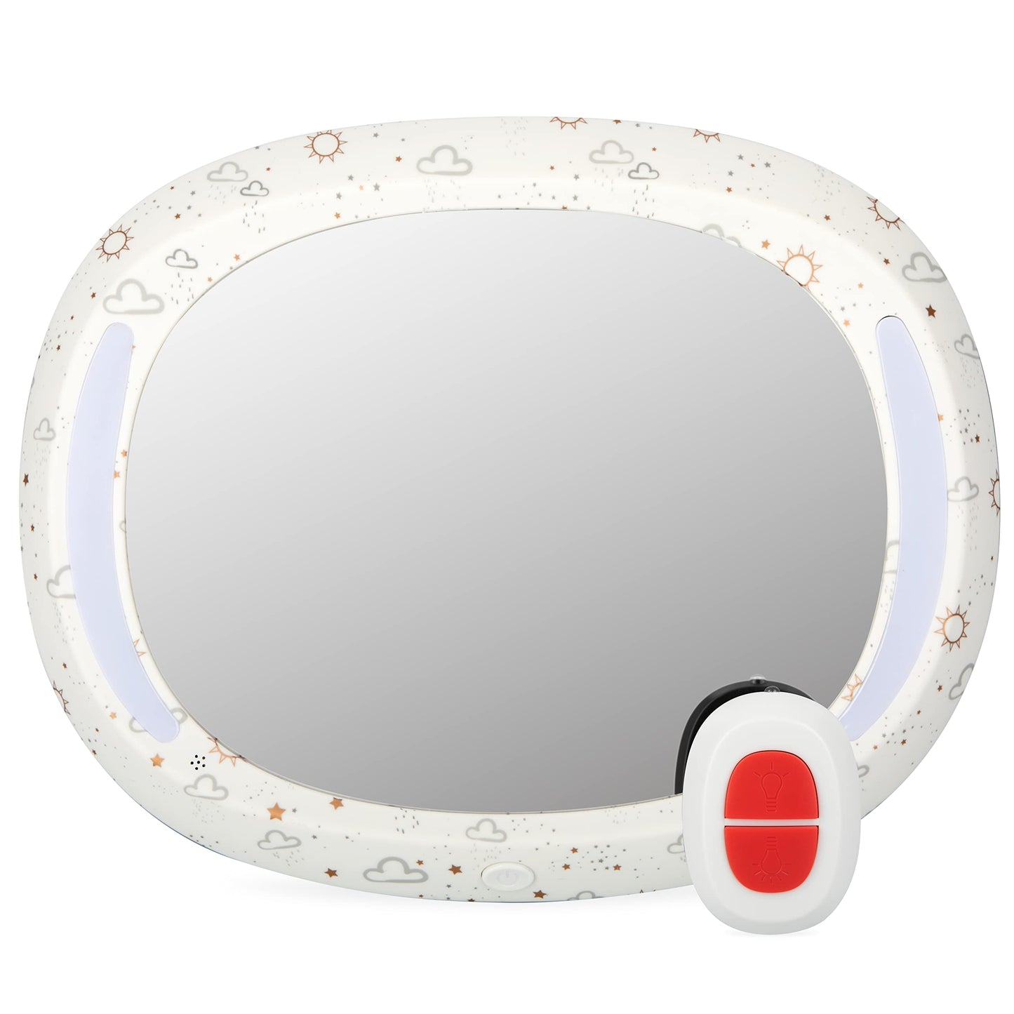 Nuby LED Light Backseat Baby Car Mirror with Remote Controlled Light, Wide View Shatter Resistant Mirror, Adjustable, White Clou