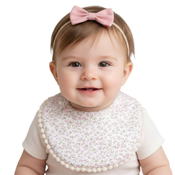 Polka Tots Cotton Floral Bow Headband With Reversible Boho Bib Set White