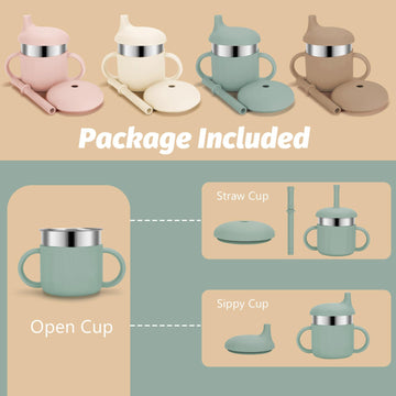 Esofficce Baby Sippy Cups, 7.4 Oz Stainless Steel Training Cup With Silicone Straws, 3 Stages For Infants Toddlers 6-12 Month An