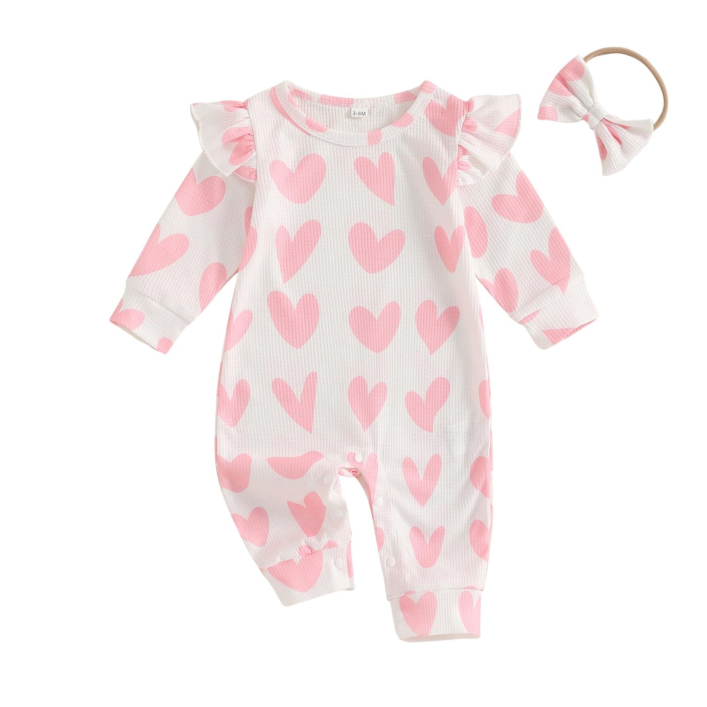 KOSUSANILL Valentines Day Baby Girl Outfit Ruffle Long Sleeve Romper Waffle Love Heart Jumpsuit Headband Cute Fall Clothes (Pink