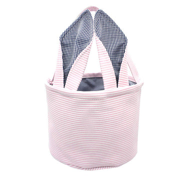 Easter Baskets Seersucker Easter Bunny Bag Bucket For Easter Egg Hunt Bunny Ears Design (Pink)