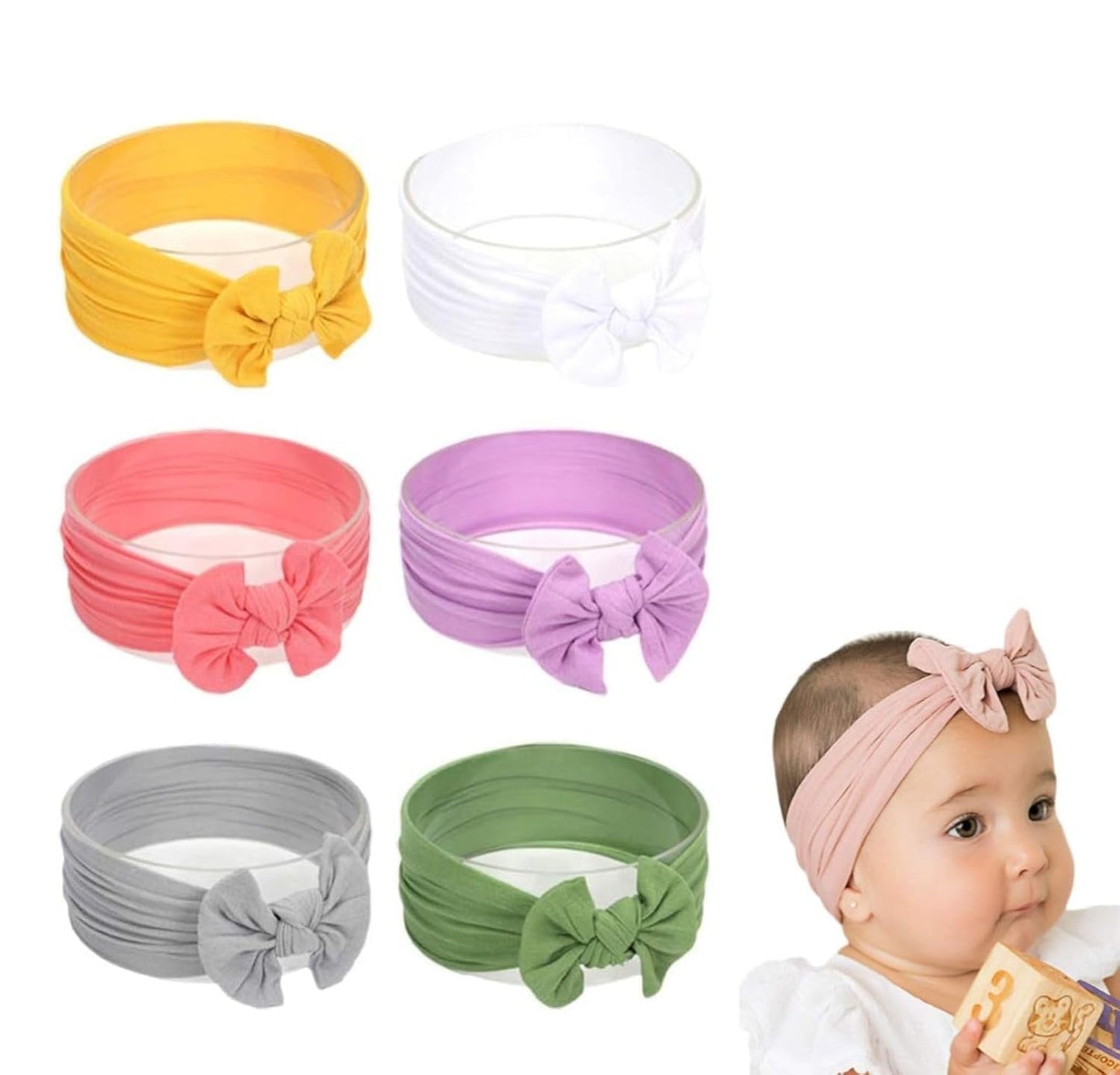 Adornish Baby Headbands, Handmade Nylon Hair Bands With Bows, 6 Pieces, For Newborn Infant Toddler Girls