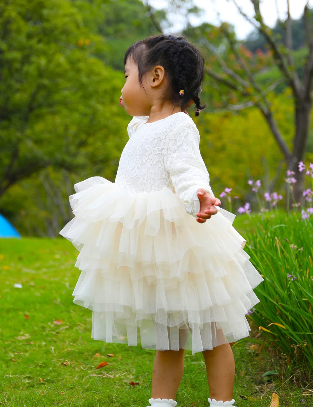 Cilucu Baby Girls Dress Toddler Kids Party Dress Tutu Pageant Lace Dresses Gown For Flower Girl Baby Birthday Long Sleeve Rose D