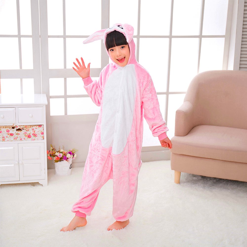 Kids Rabbit Costume Cosplay Halloween Easter Animal Onesie For Boys Girls Child Pink Bunny S