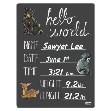 Cohas Hello World Newborn Baby Announcement Chalkboard Sign With Mountain Animal Theme, 12 By 16 Inches, No Marker