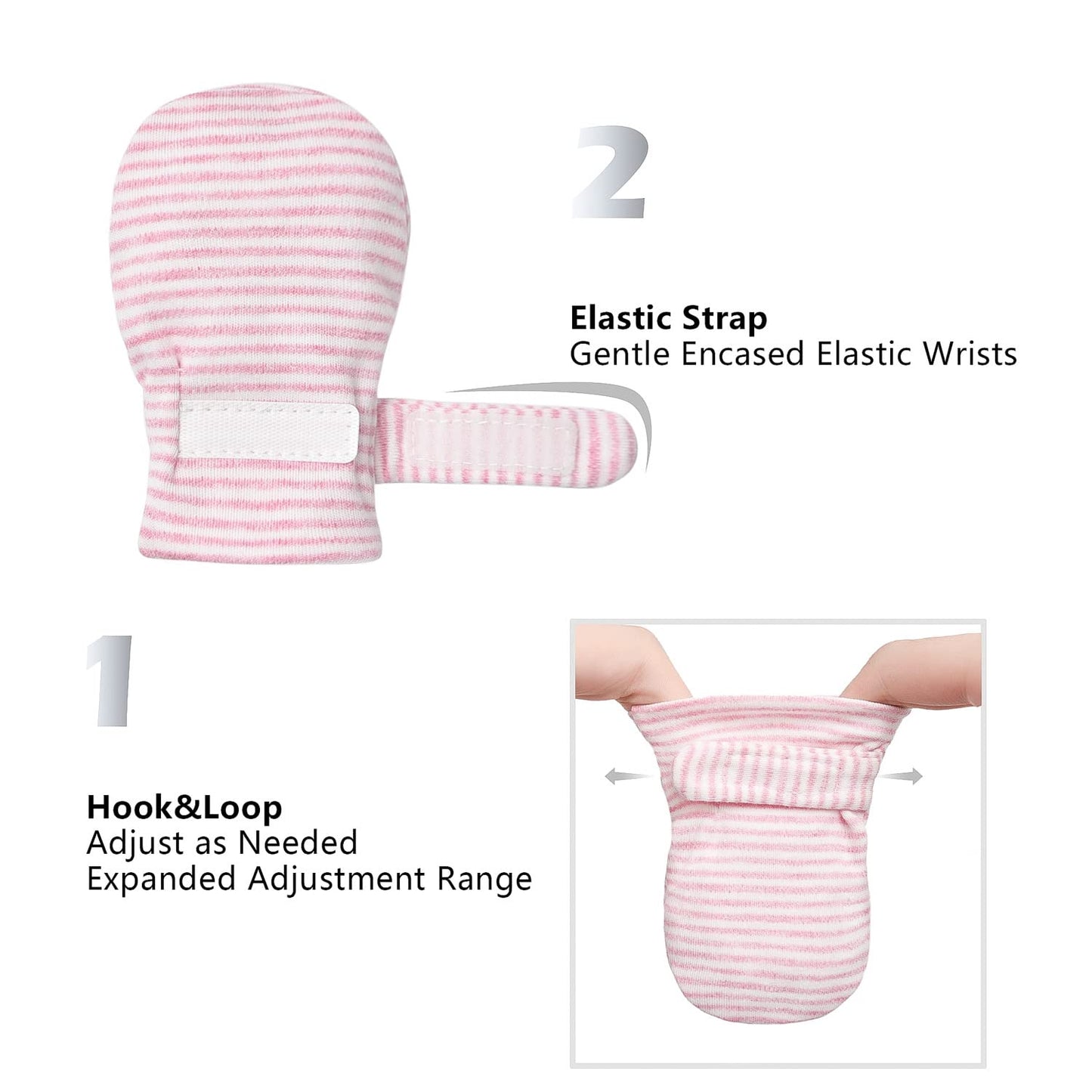 Newborn Baby No Scratch Mittens Stay On, 100% Cotton Breathable, Adjustable Infant Gloves For Baby Boys Girls Mittens (Pink/Gary