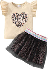 Retsugo Toddler Girl Heart Skirt Set Flutter Sleeve Heart Print Shirt Leopard Dresses Tulle Tutu Dress Kids Valentines Day Outfi