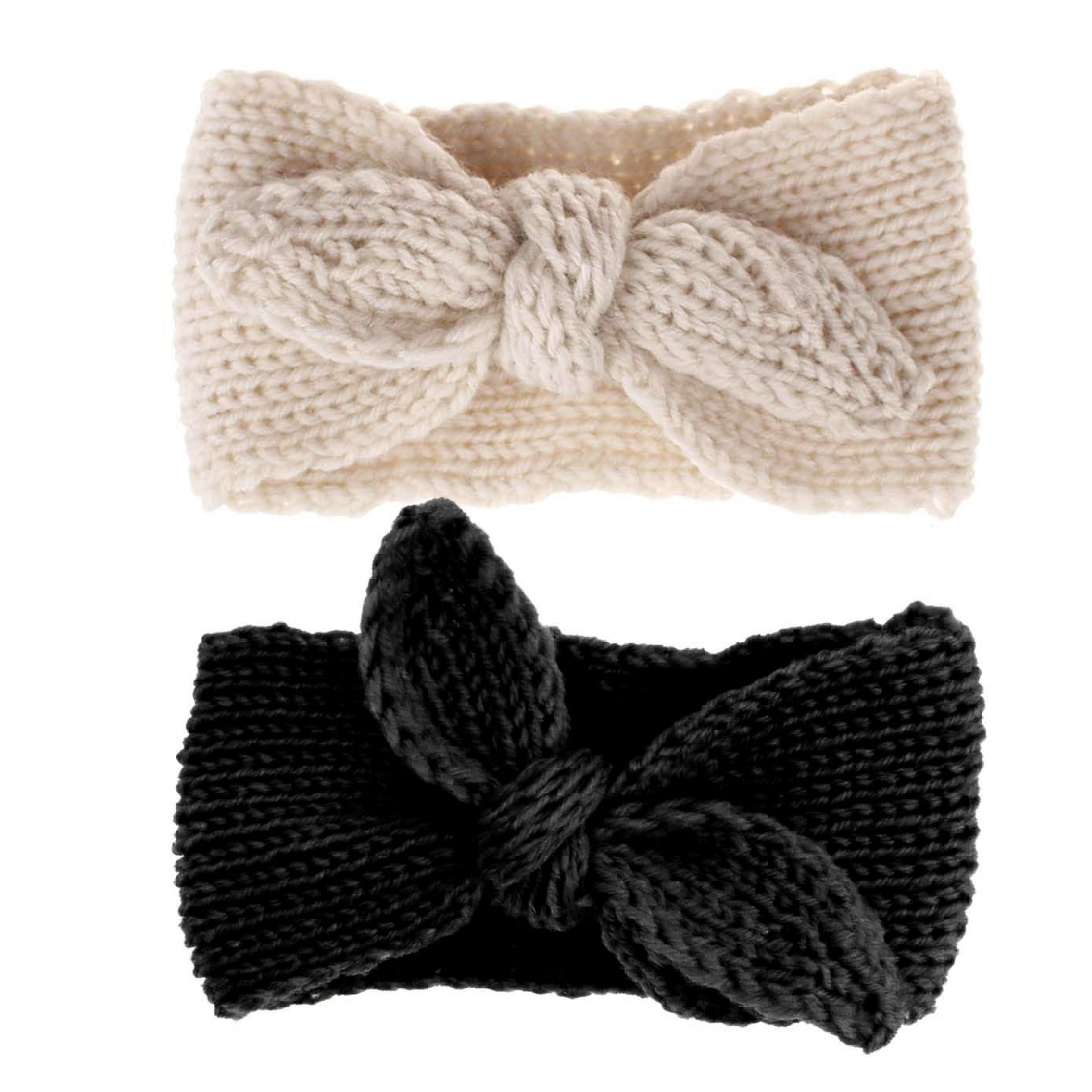 OVOY Turban Headband Baby Girl - Warm Rabbit Knot Hair Band Wrap Newborn Toddler Children 2Pcs (Beige+Black, One Size)