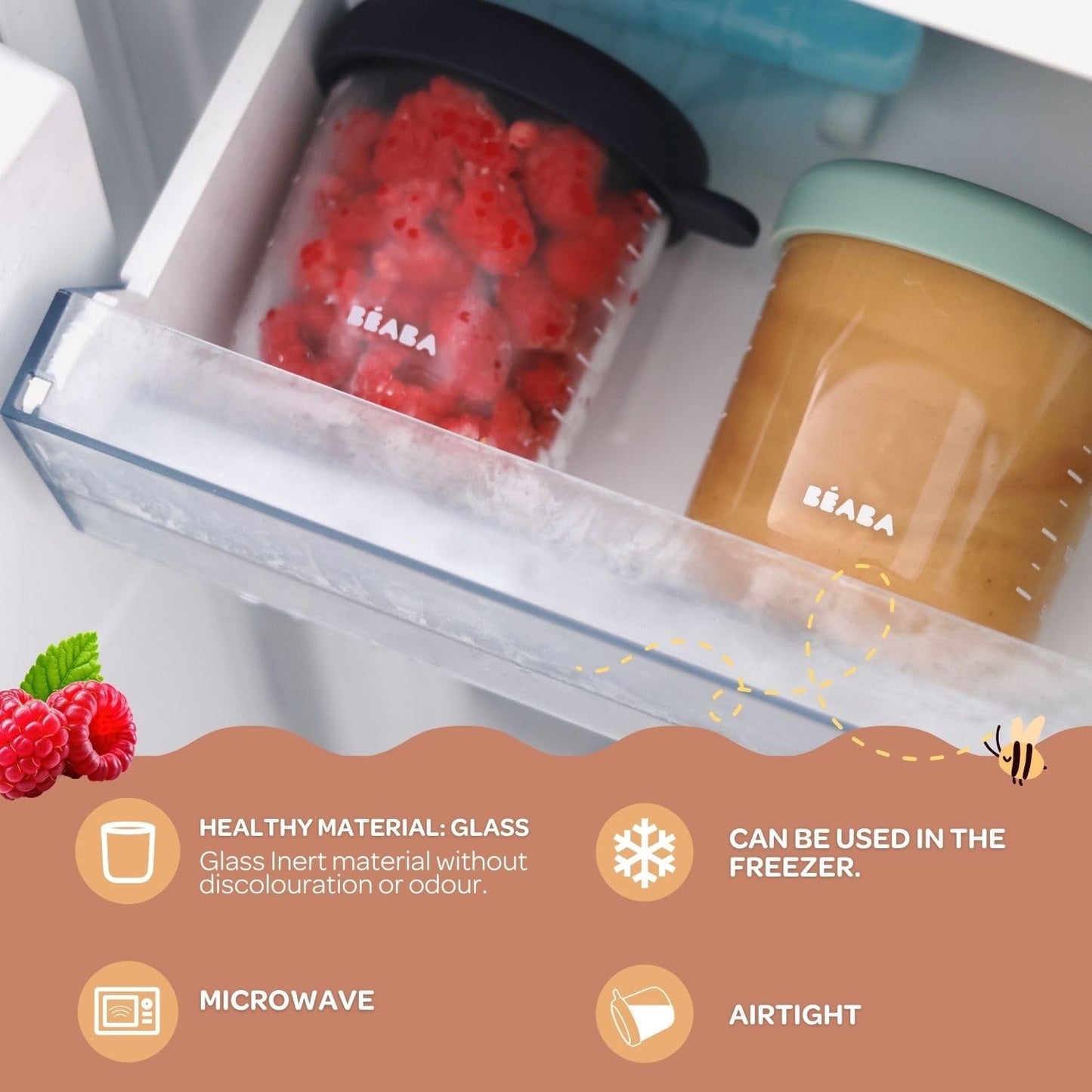 Beaba 2 Pack Glass Baby Food Jars With Soft Silicone Air Tight Lids, 8 Oz Glass Storage Containers With Lids, Microwave And Free