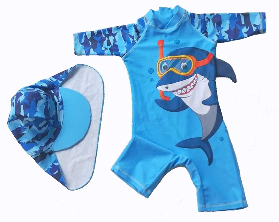 Toddler Baby Boys Swimsuit One Piece Bathing Suit Rash Guard Swimwear Upf 50+ With Hat (Shark, 18-24 Months)