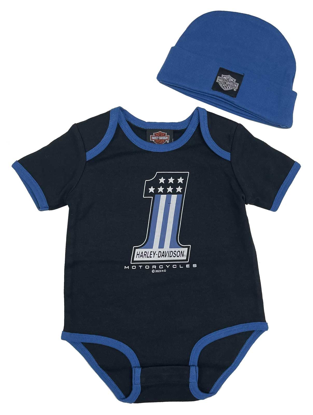 Harley-Davidson Baby Boys' Infant Ringer Creeper W/Beanie - Black/Blue (12/18M)