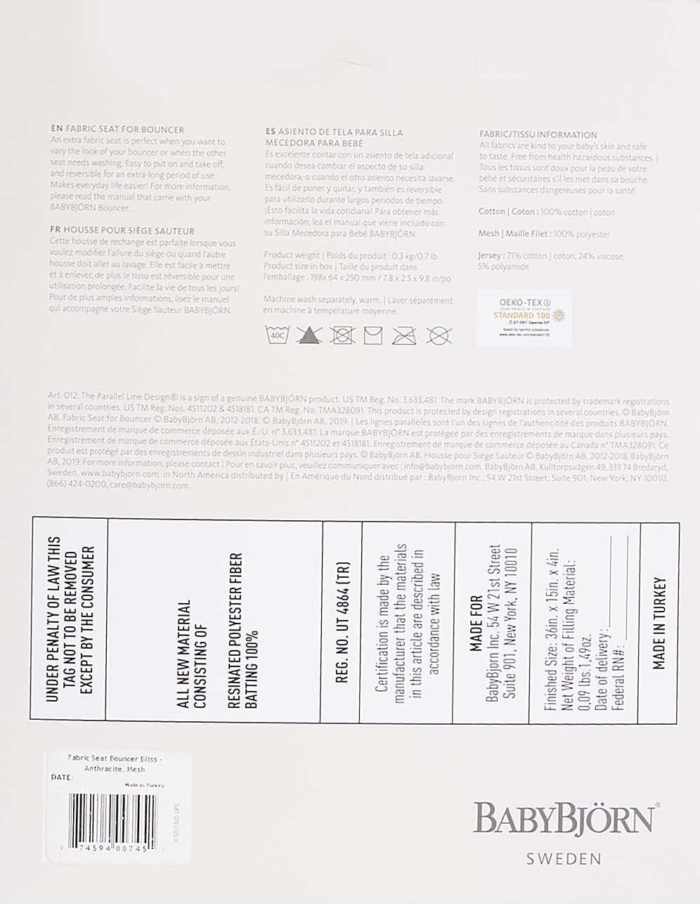 Babybjrn Fabric Seat For Bouncer - Anthracite, Mesh, Anthracite, 1 Count (Pack Of 1)